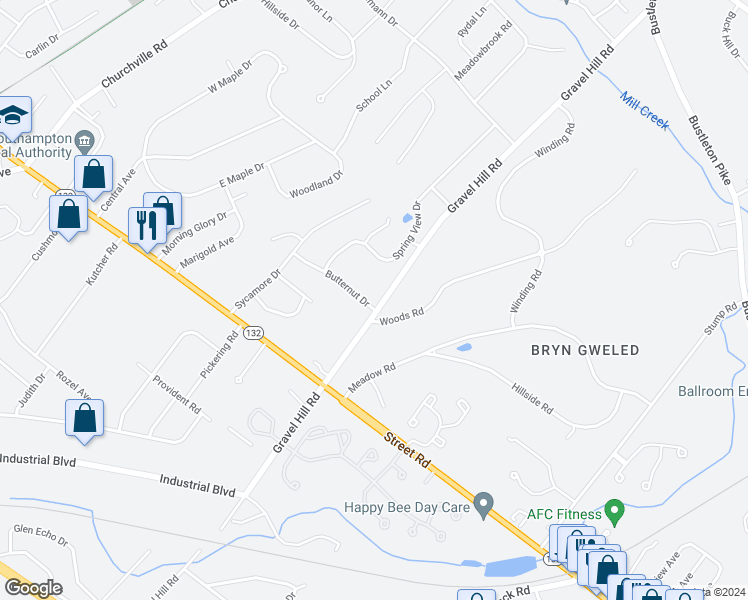 map of restaurants, bars, coffee shops, grocery stores, and more near 1393 Butternut Drive in Southampton
