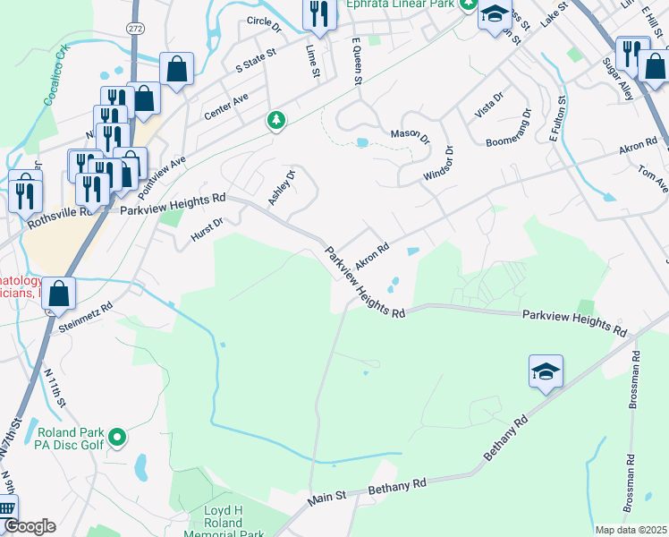 map of restaurants, bars, coffee shops, grocery stores, and more near 161 Parkview Heights Road in Ephrata