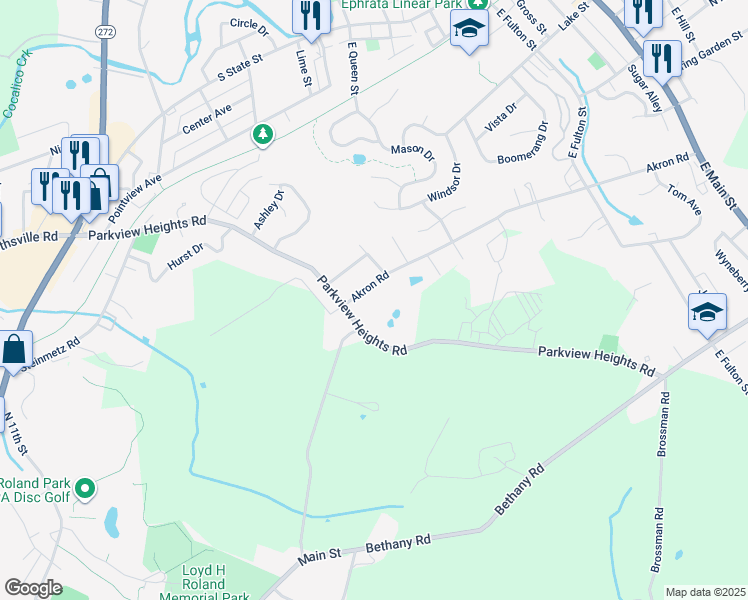 map of restaurants, bars, coffee shops, grocery stores, and more near 274 Akron Road in Ephrata