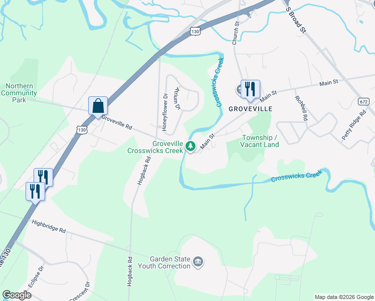 map of restaurants, bars, coffee shops, grocery stores, and more near 2 Main Street in Hamilton Township