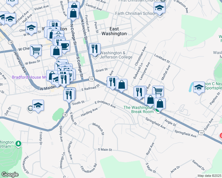 map of restaurants, bars, coffee shops, grocery stores, and more near 322 East Maiden Street in Washington