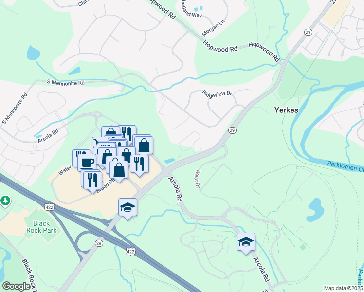 map of restaurants, bars, coffee shops, grocery stores, and more near 1415 South Collegeville Road in Collegeville