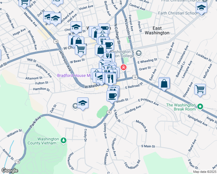 map of restaurants, bars, coffee shops, grocery stores, and more near 250 South Main Street in Washington