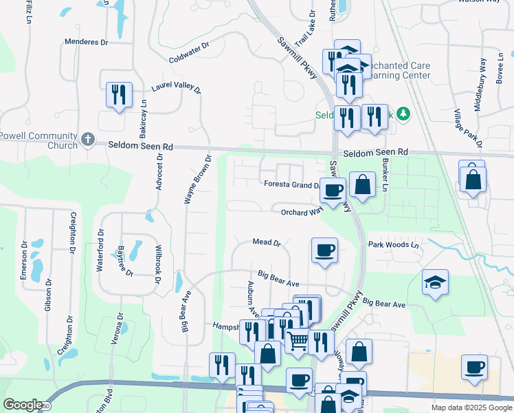 map of restaurants, bars, coffee shops, grocery stores, and more near 3615 Orchard Way in Powell