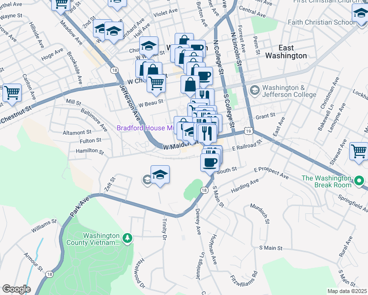 map of restaurants, bars, coffee shops, grocery stores, and more near 76 West Maiden Street in Washington