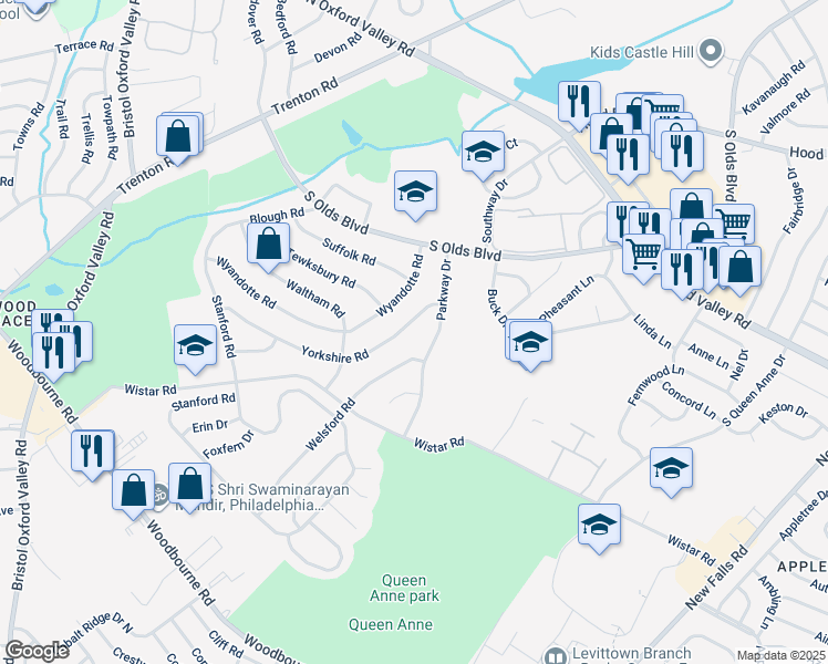 map of restaurants, bars, coffee shops, grocery stores, and more near 272 Yorkshire Road in Fairless Hills