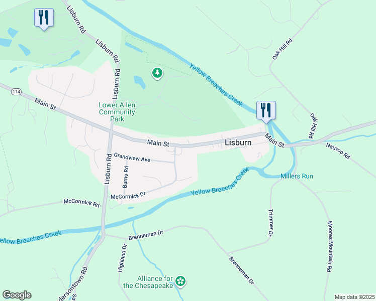 map of restaurants, bars, coffee shops, grocery stores, and more near 1612 Main Street in Mechanicsburg