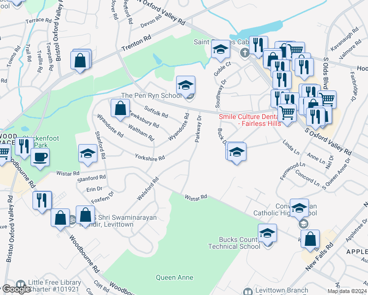 map of restaurants, bars, coffee shops, grocery stores, and more near 272 Yorkshire Road in Fairless Hills