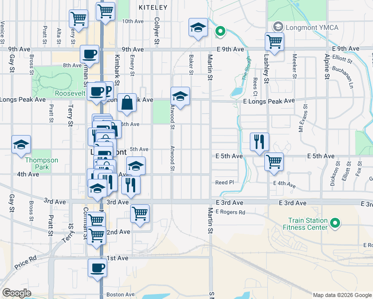 map of restaurants, bars, coffee shops, grocery stores, and more near 141 5th Avenue in Longmont