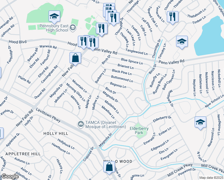 map of restaurants, bars, coffee shops, grocery stores, and more near 109 Birch Drive in Levittown