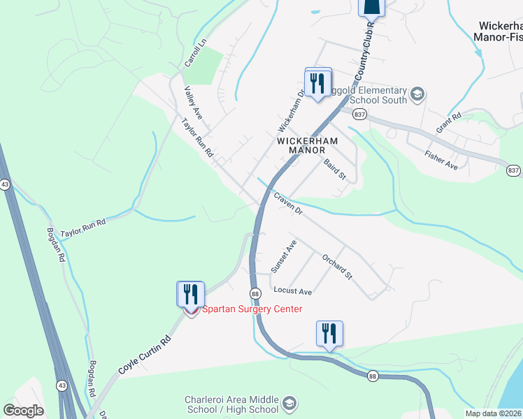 map of restaurants, bars, coffee shops, grocery stores, and more near in Wickerham Manor-Fisher
