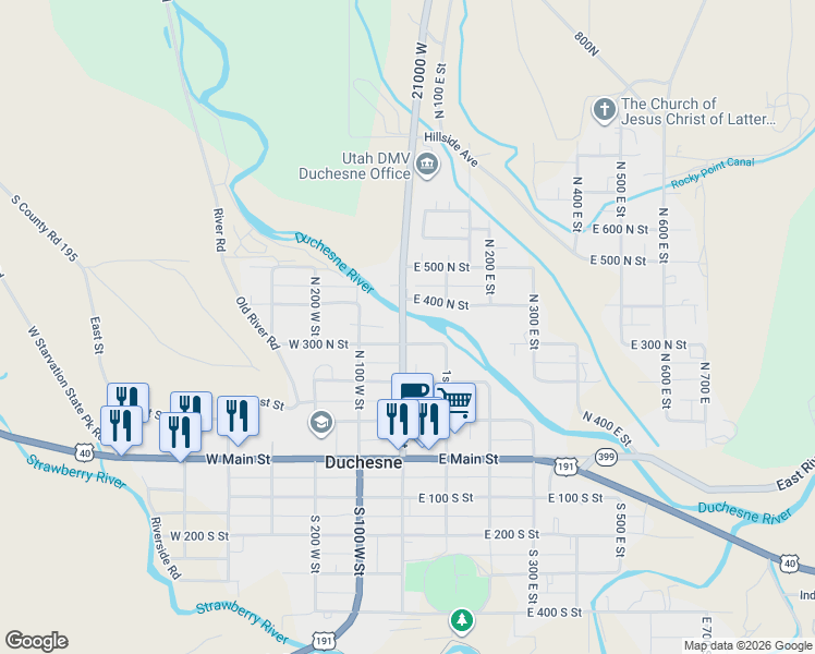 map of restaurants, bars, coffee shops, grocery stores, and more near 32 West 300 North in Duchesne