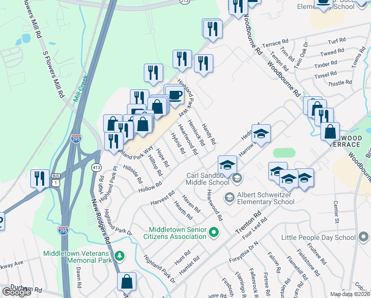 map of restaurants, bars, coffee shops, grocery stores, and more near 5 Hybrid Road in Levittown