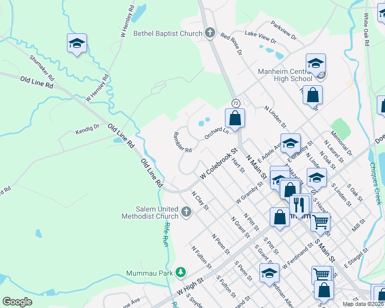 map of restaurants, bars, coffee shops, grocery stores, and more near 260 Rapho Street in Manheim