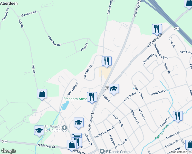 map of restaurants, bars, coffee shops, grocery stores, and more near 434 Rockwood Drive in Elizabethtown