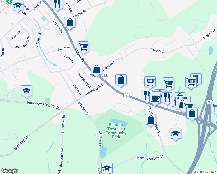 map of restaurants, bars, coffee shops, grocery stores, and more near 733 East Main Street in Ephrata