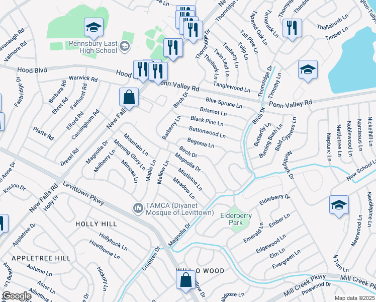 map of restaurants, bars, coffee shops, grocery stores, and more near 105 Birch Drive in Levittown