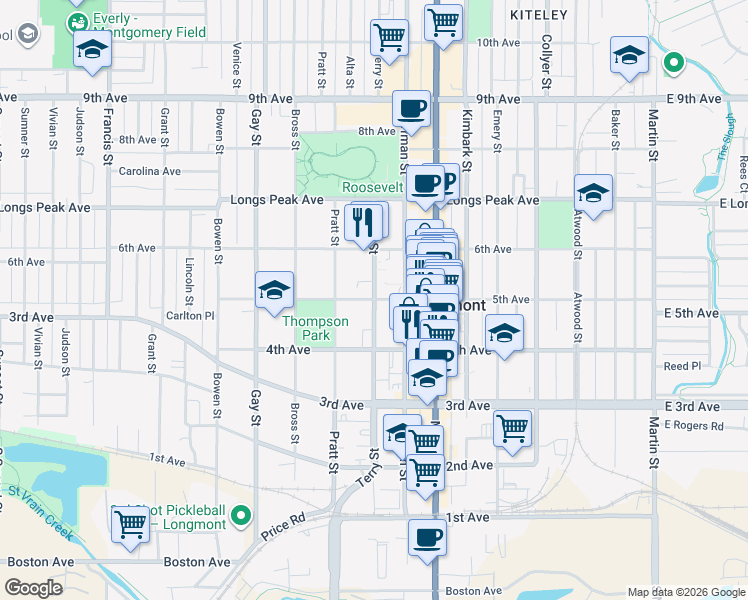 map of restaurants, bars, coffee shops, grocery stores, and more near 800 5th Avenue in Longmont