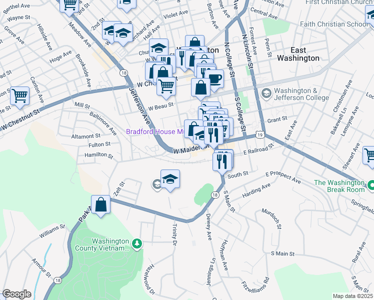 map of restaurants, bars, coffee shops, grocery stores, and more near 76 West Maiden Street in Washington