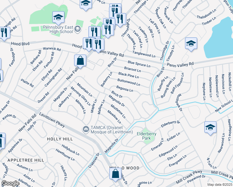 map of restaurants, bars, coffee shops, grocery stores, and more near 105 Birch Drive in Levittown