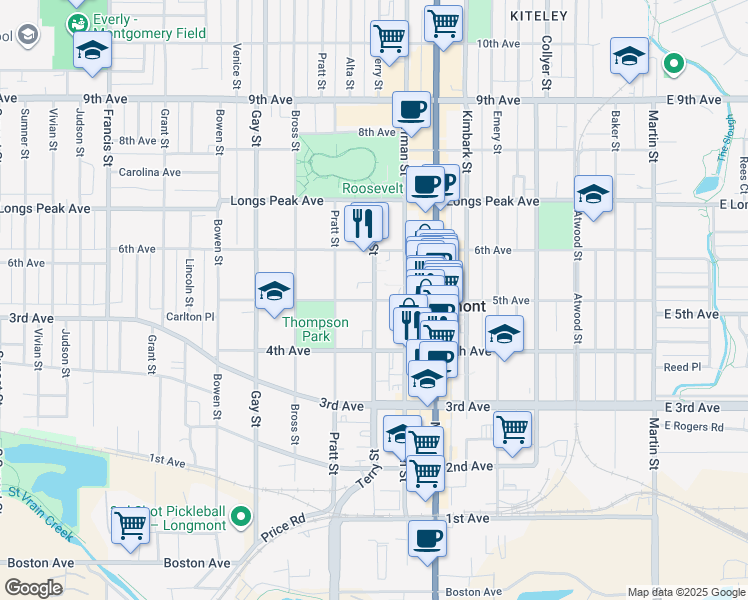map of restaurants, bars, coffee shops, grocery stores, and more near 800 5th Avenue in Longmont
