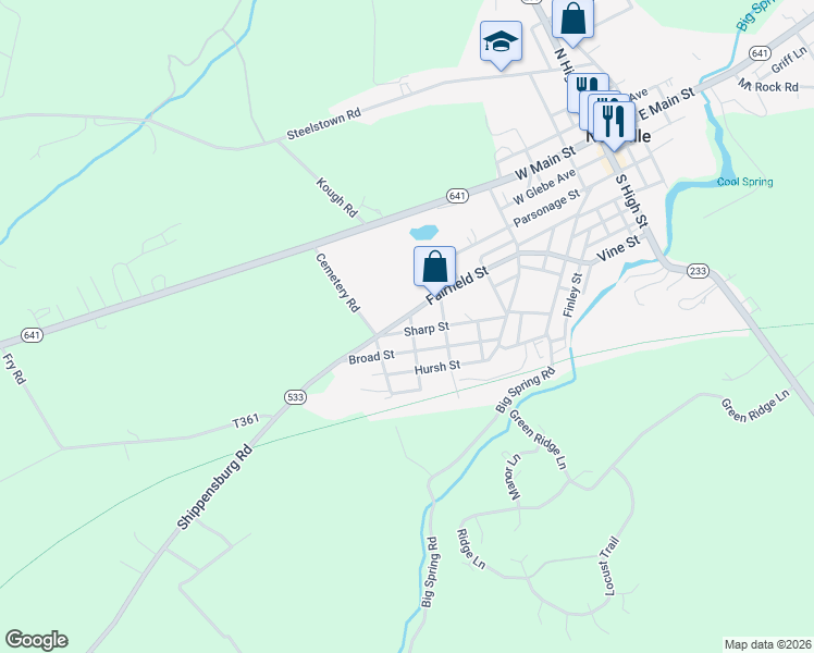 map of restaurants, bars, coffee shops, grocery stores, and more near 98 Broad Street in Newville