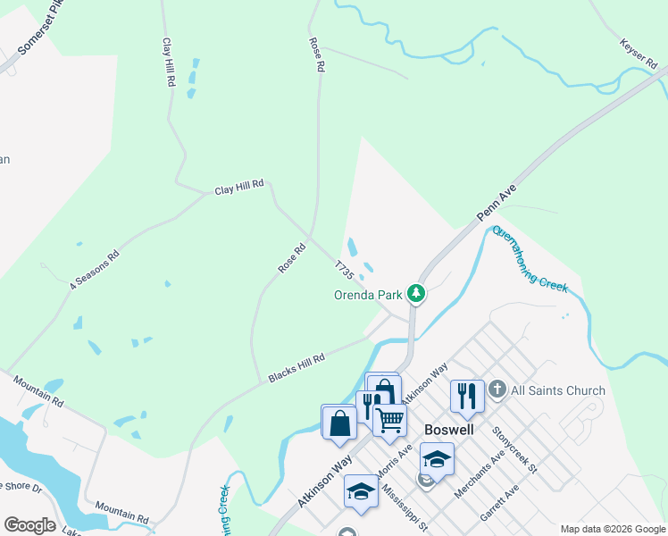 map of restaurants, bars, coffee shops, grocery stores, and more near 139 Cessna Hill Road in Boswell