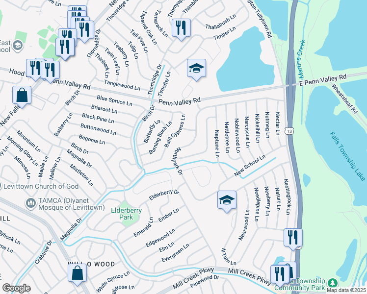 map of restaurants, bars, coffee shops, grocery stores, and more near 191 Northpark Dr in Levittown