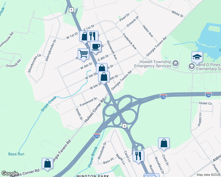 map of restaurants, bars, coffee shops, grocery stores, and more near U.S. 9 in Howell Township