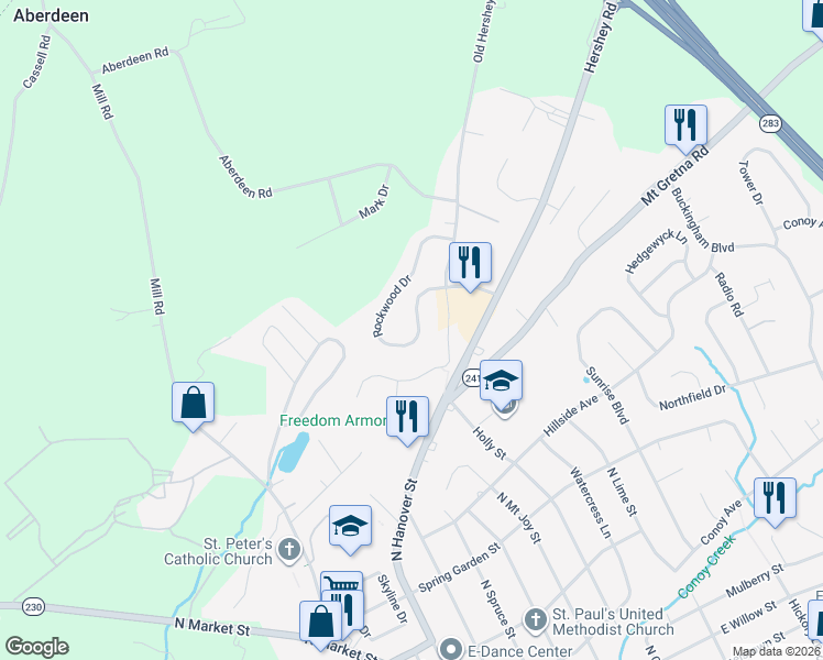 map of restaurants, bars, coffee shops, grocery stores, and more near 429 Rockwood Drive in Elizabethtown