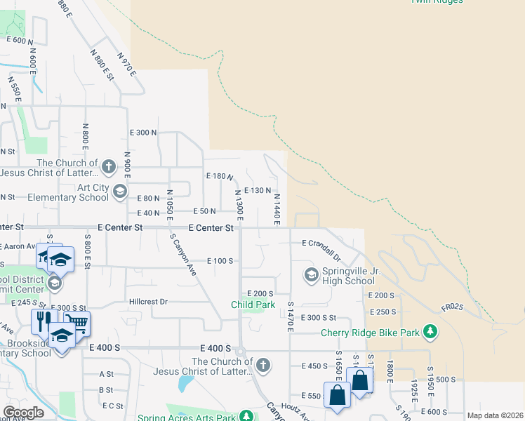 map of restaurants, bars, coffee shops, grocery stores, and more near 54 North 1360 East Street in Springville