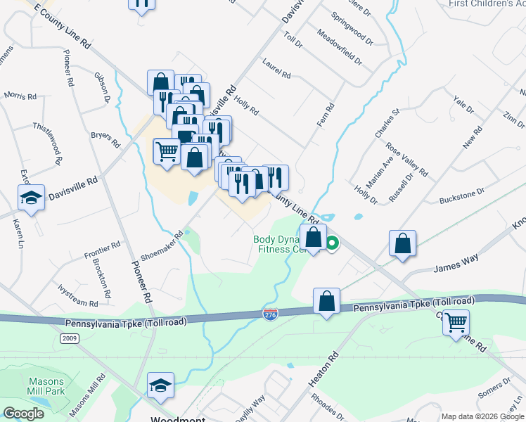 map of restaurants, bars, coffee shops, grocery stores, and more near 1011 Oakwood Drive in Montgomery County