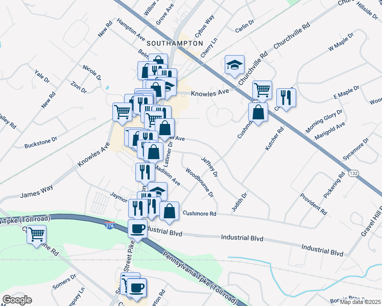 map of restaurants, bars, coffee shops, grocery stores, and more near 967 Jeffrey Drive in Southampton