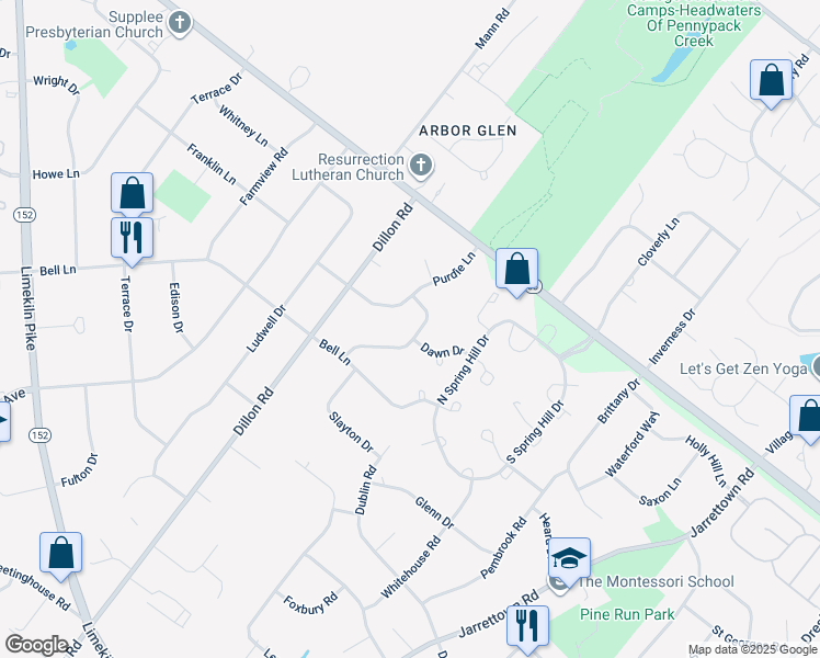 map of restaurants, bars, coffee shops, grocery stores, and more near 1740 Holmes Road in Maple Glen