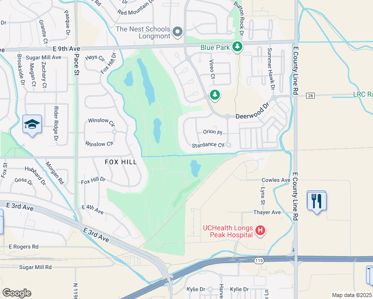 map of restaurants, bars, coffee shops, grocery stores, and more near 1621 Stardance Circle in Longmont