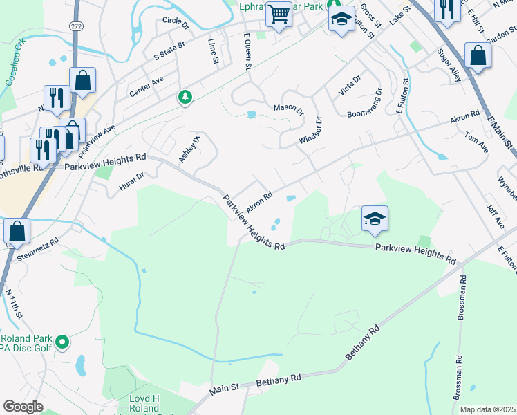 map of restaurants, bars, coffee shops, grocery stores, and more near 274 Akron Road in Ephrata