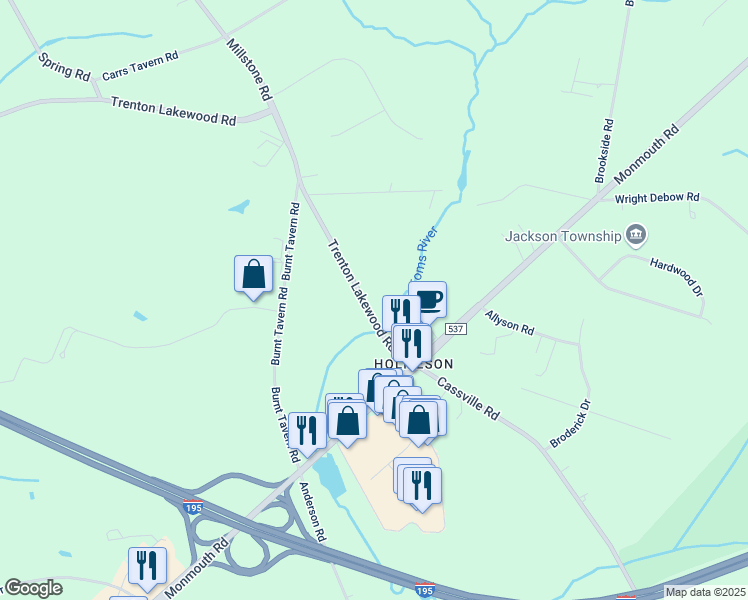 map of restaurants, bars, coffee shops, grocery stores, and more near 10 Trenton Lakewood Road in Millstone