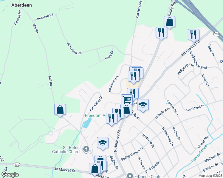 map of restaurants, bars, coffee shops, grocery stores, and more near 513 Rockwood Drive in Elizabethtown