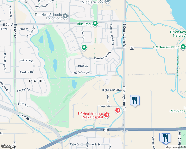 map of restaurants, bars, coffee shops, grocery stores, and more near 530 Peregrine Circle in Longmont