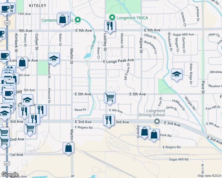 map of restaurants, bars, coffee shops, grocery stores, and more near 225 Andrew Court in Longmont