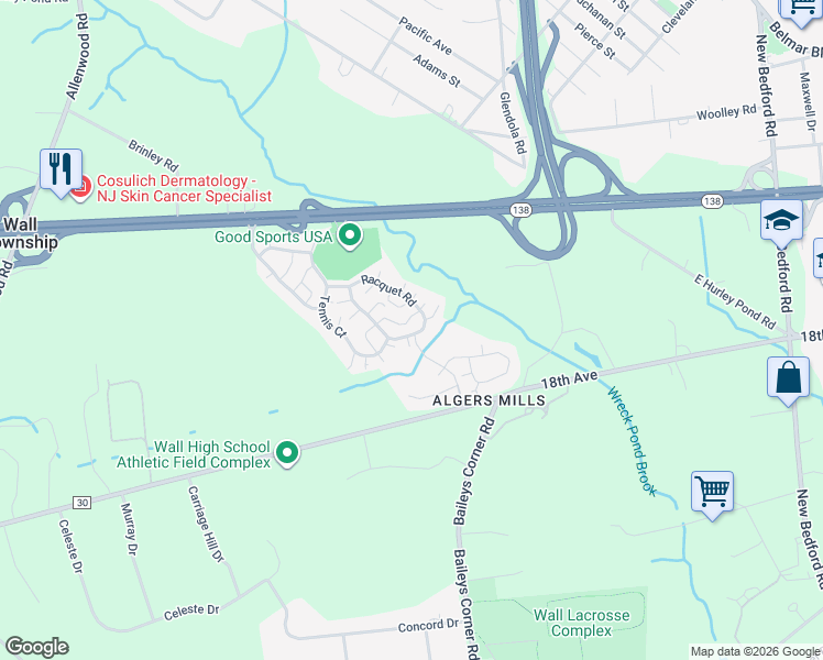 map of restaurants, bars, coffee shops, grocery stores, and more near 112 Racquet Road in Wall Township