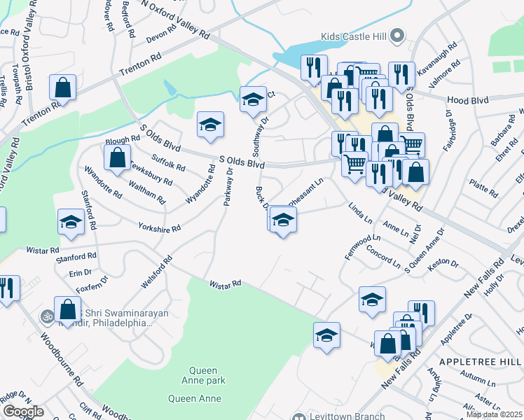 map of restaurants, bars, coffee shops, grocery stores, and more near 555 Buck Drive in Fairless Hills