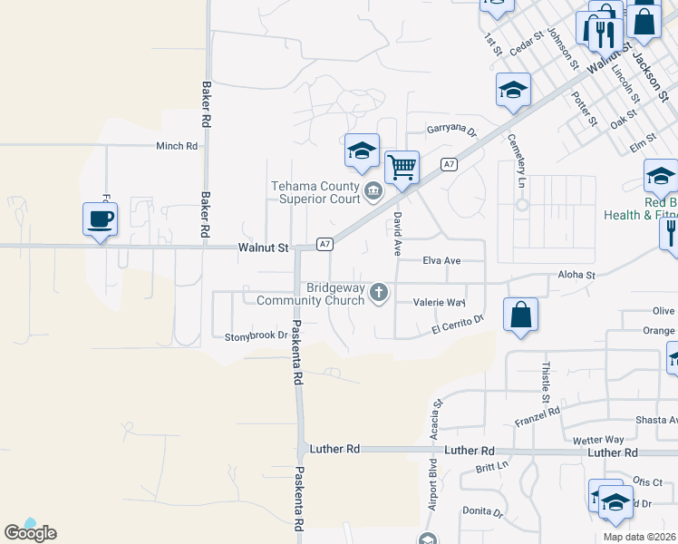 map of restaurants, bars, coffee shops, grocery stores, and more near 1873-1885 Aloha Street in Red Bluff