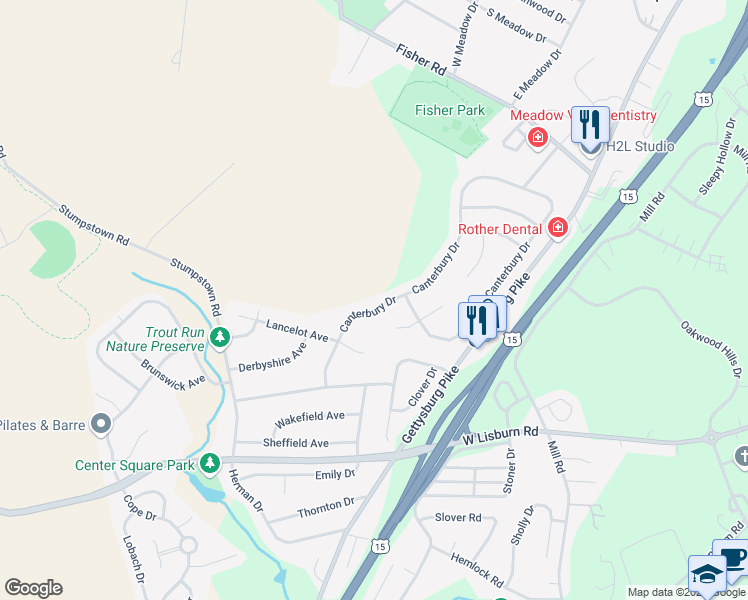 map of restaurants, bars, coffee shops, grocery stores, and more near 2248 Canterbury Drive in Mechanicsburg