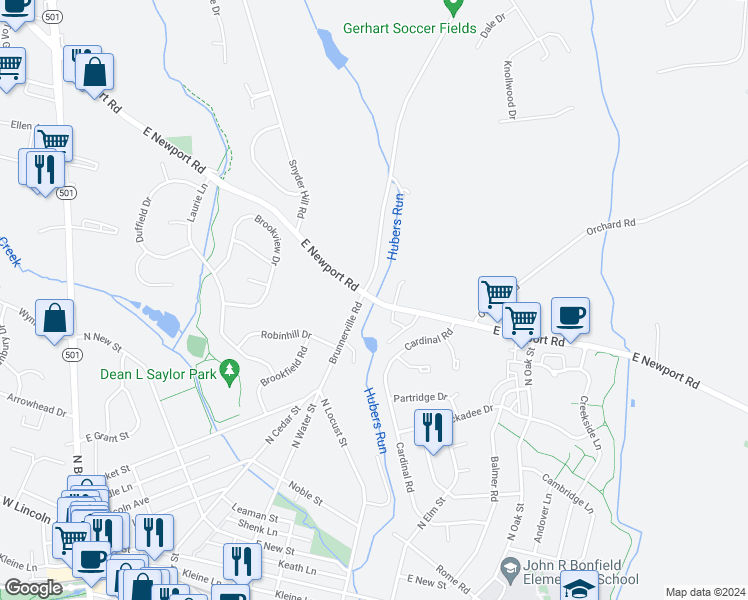 map of restaurants, bars, coffee shops, grocery stores, and more near 500 East Newport Road in Lititz