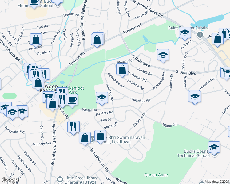 map of restaurants, bars, coffee shops, grocery stores, and more near 208 Yorkshire Road in Fairless Hills