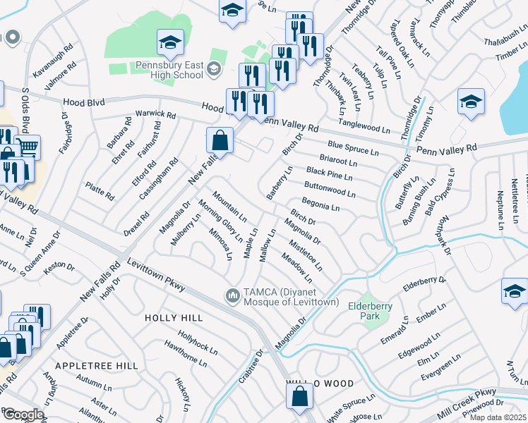 map of restaurants, bars, coffee shops, grocery stores, and more near 163 Magnolia Drive in Levittown