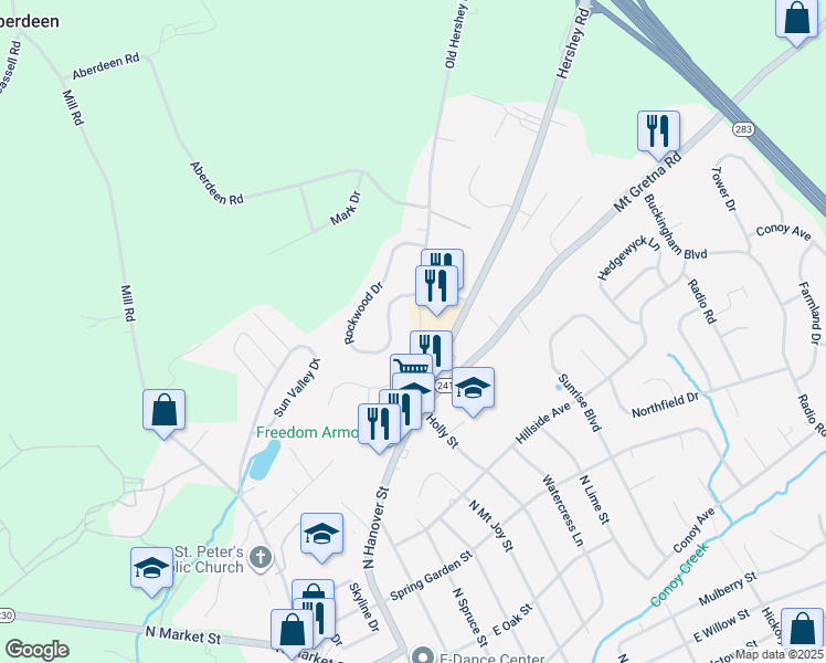 map of restaurants, bars, coffee shops, grocery stores, and more near 162 Old Hershey Road in Elizabethtown