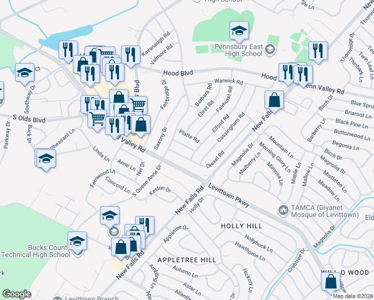 map of restaurants, bars, coffee shops, grocery stores, and more near 601 South Oxford Valley Road in Fairless Hills