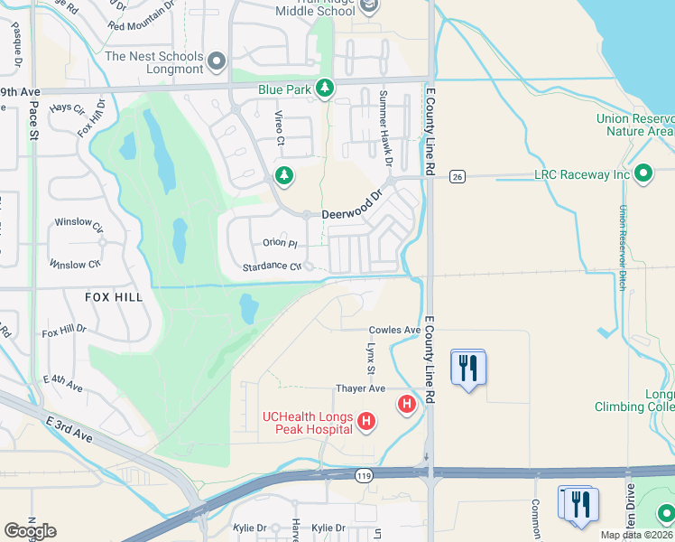 map of restaurants, bars, coffee shops, grocery stores, and more near 530 Peregrine Circle in Longmont